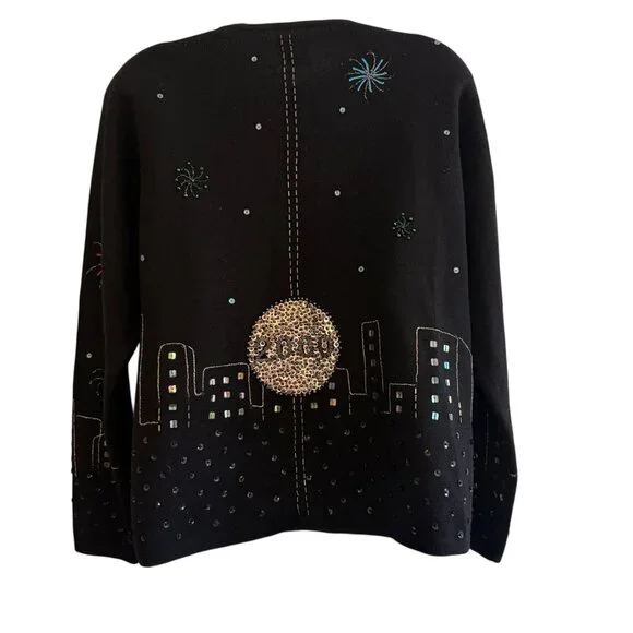 Vintage Y2K 2000 Beaded NYE Fireworks NYC City Skyline Merino Wool Cardigan XL - Picture 6 of 12